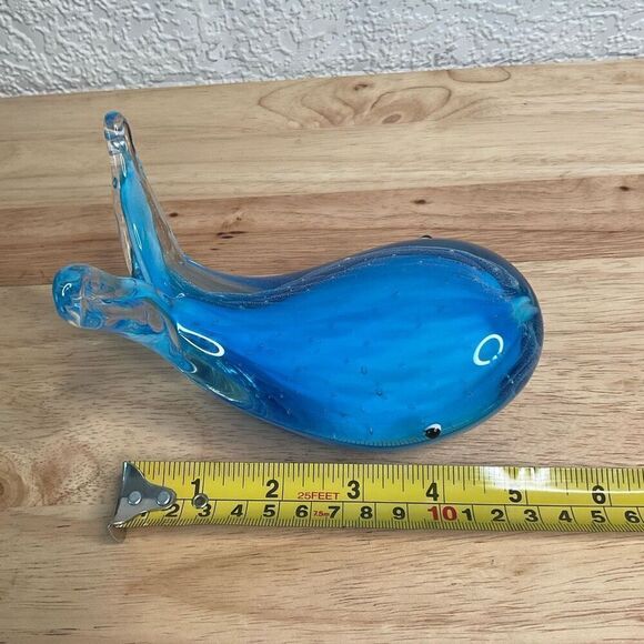 Vintage Murano Style Blue Hand Blown Art Glass Paperweight Blue Whale Figurine - Picture 2 of 11